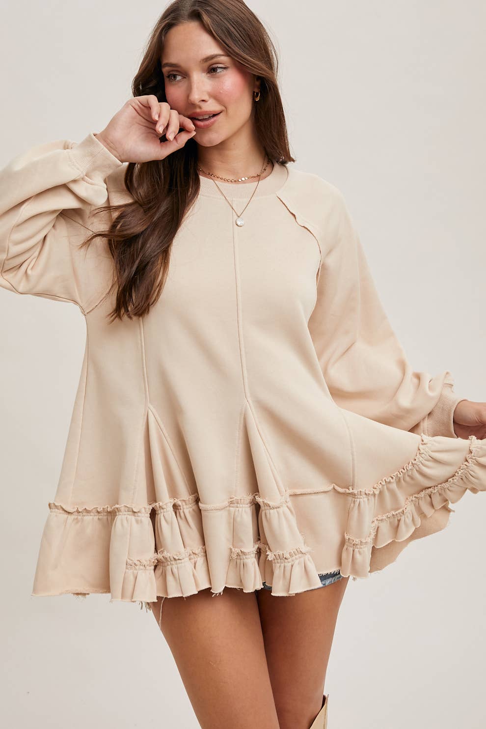 FRENCH TERRY RUFFLED TIERED HEM TUNIC SWEATSHIRT