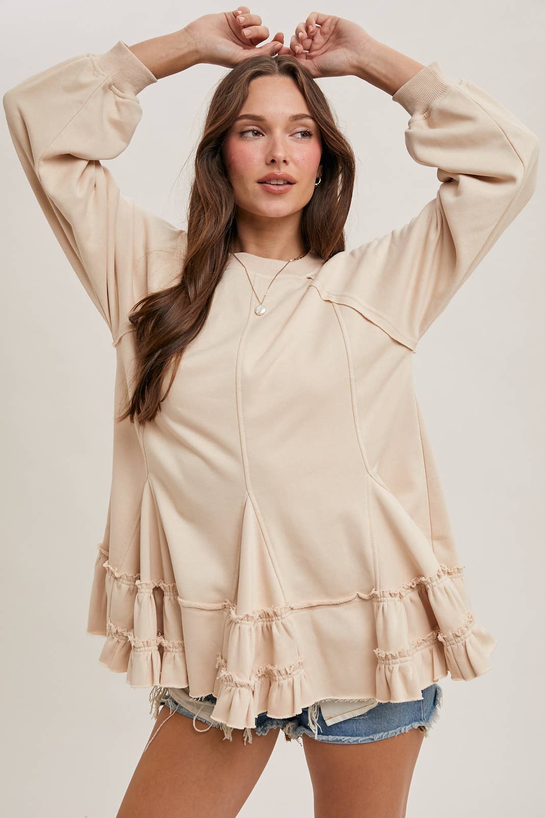 FRENCH TERRY RUFFLED TIERED HEM TUNIC SWEATSHIRT