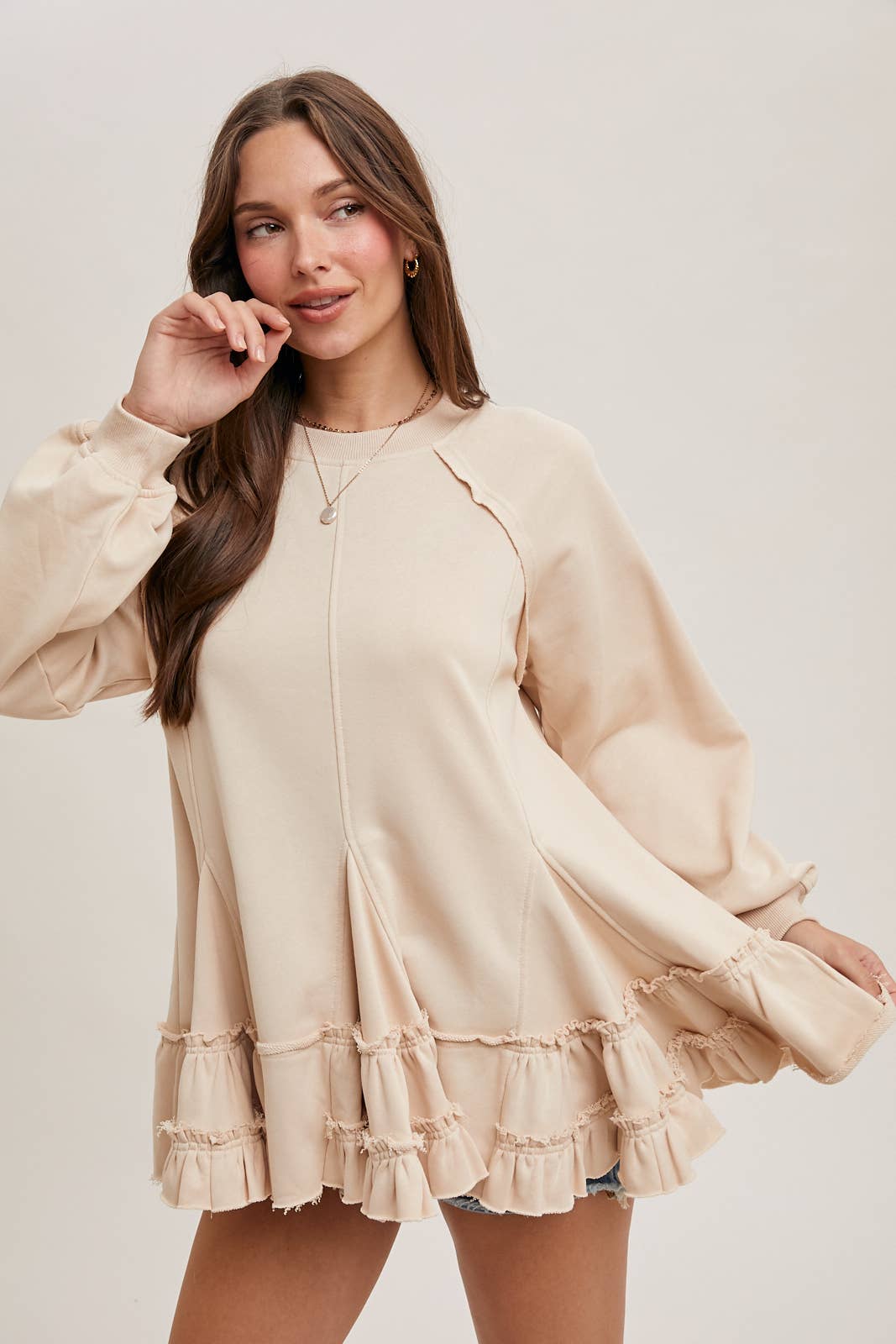 FRENCH TERRY RUFFLED TIERED HEM TUNIC SWEATSHIRT