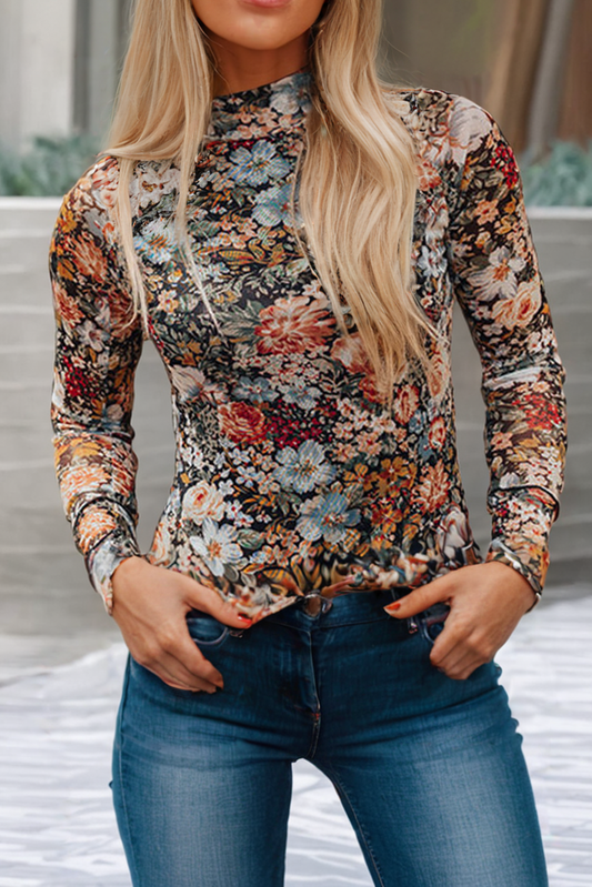 Floral Long Sleeve High Neck Mesh Blouse (black)