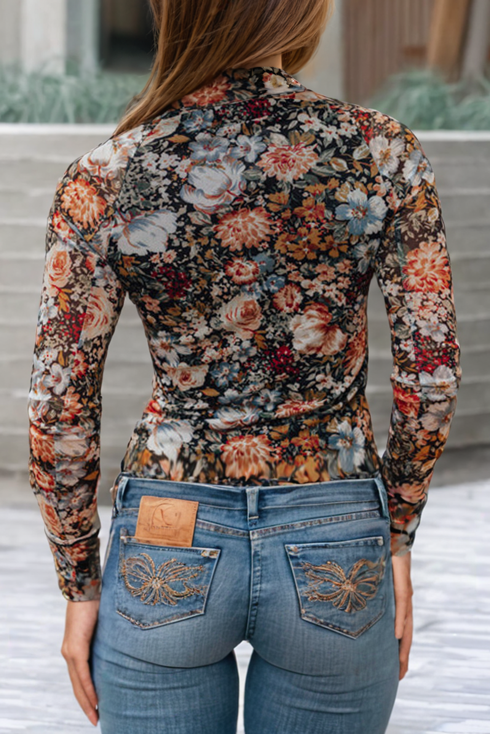 Floral Long Sleeve High Neck Mesh Blouse (black)