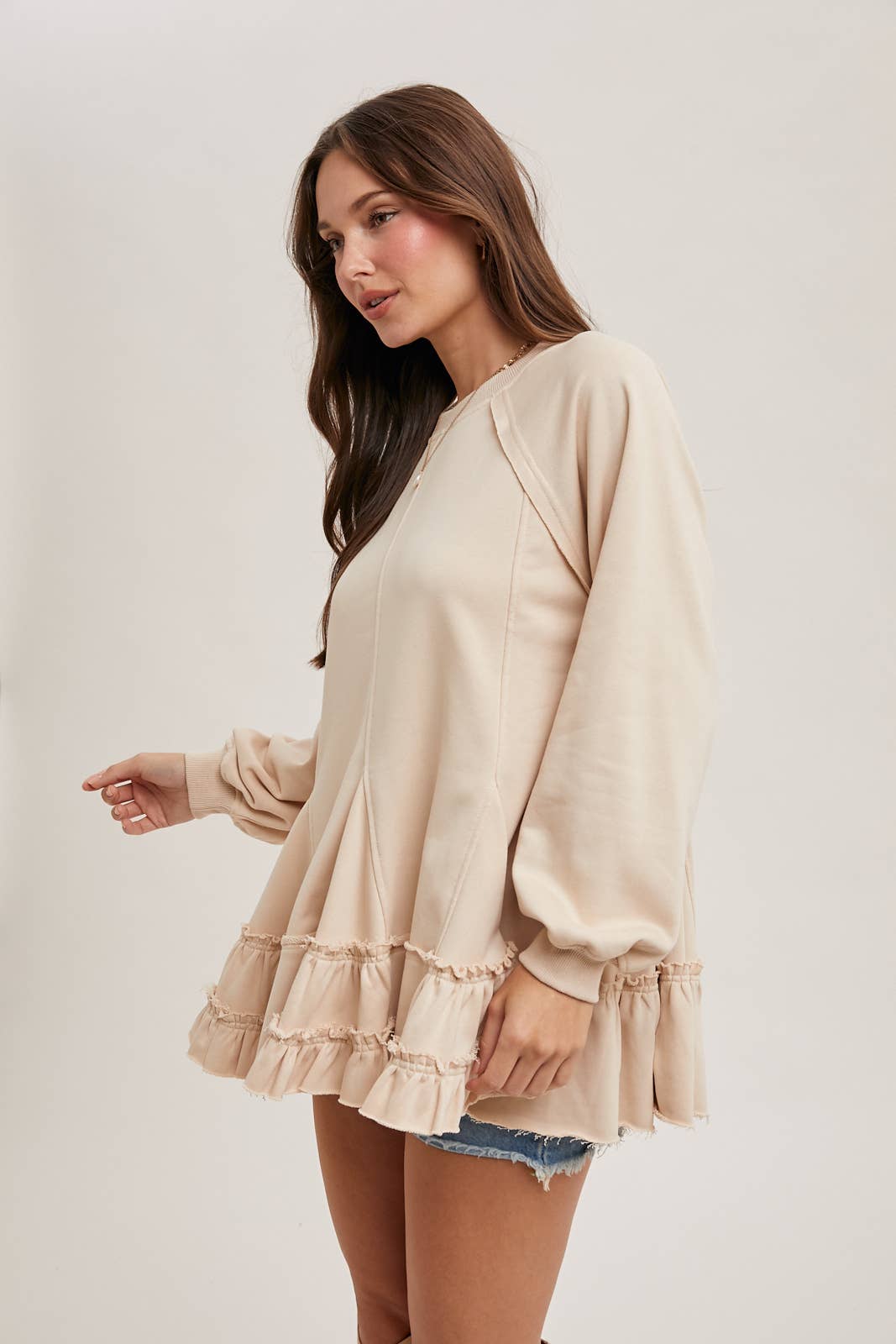 FRENCH TERRY RUFFLED TIERED HEM TUNIC SWEATSHIRT