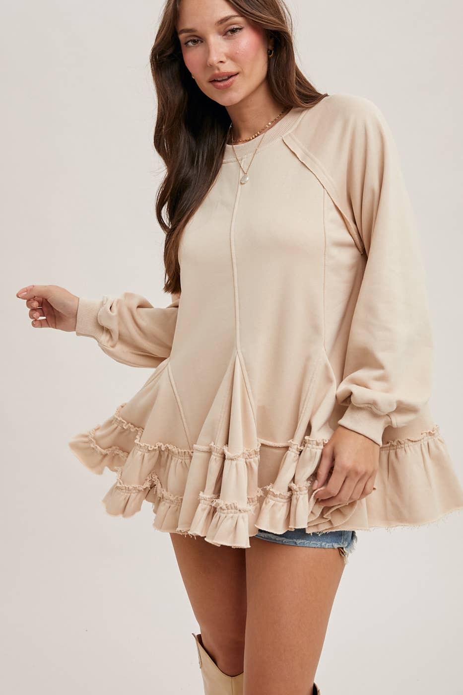 FRENCH TERRY RUFFLED TIERED HEM TUNIC SWEATSHIRT