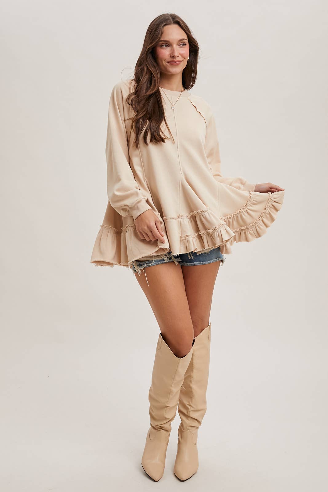 FRENCH TERRY RUFFLED TIERED HEM TUNIC SWEATSHIRT