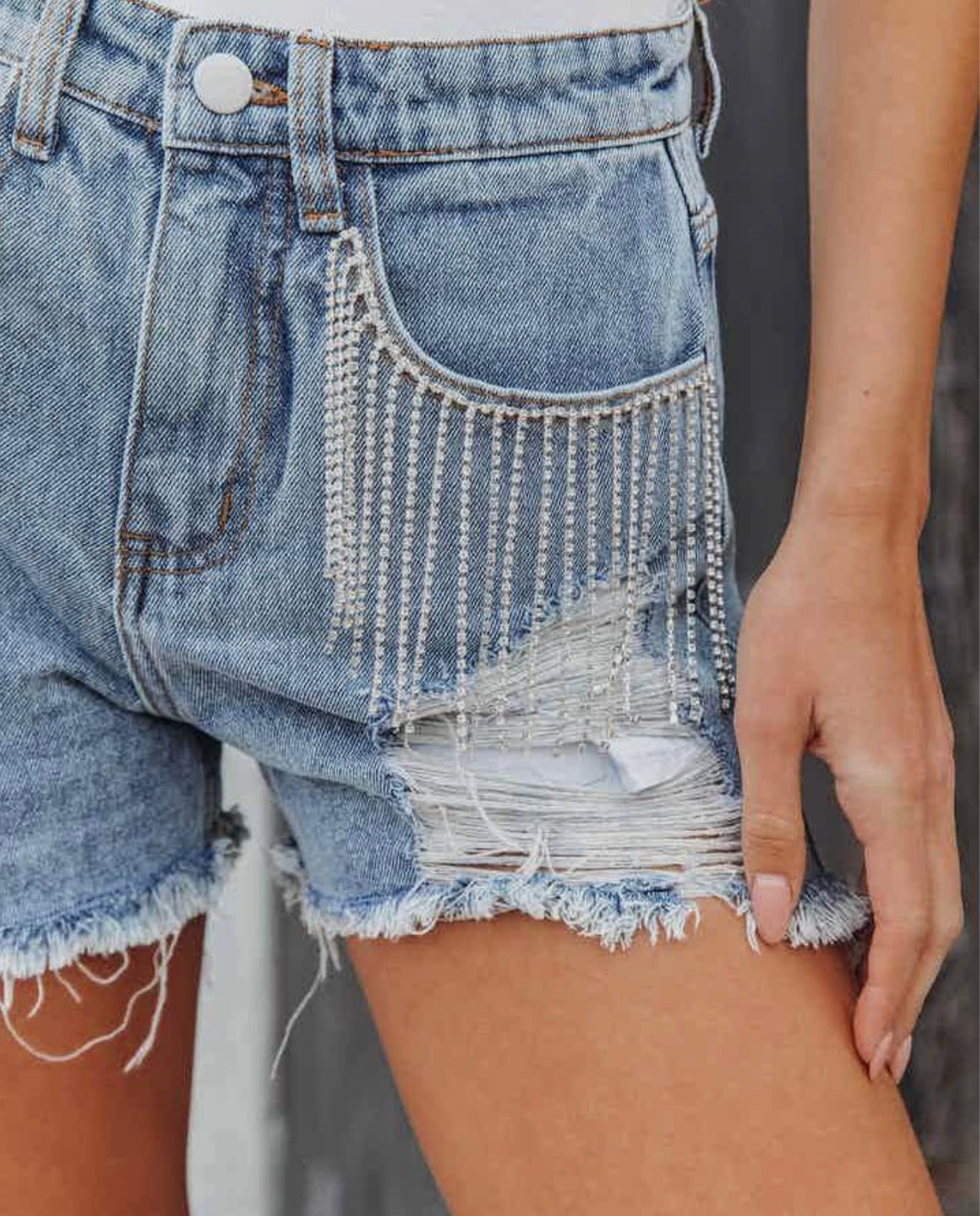 Fringe rhinestone distressed shorts